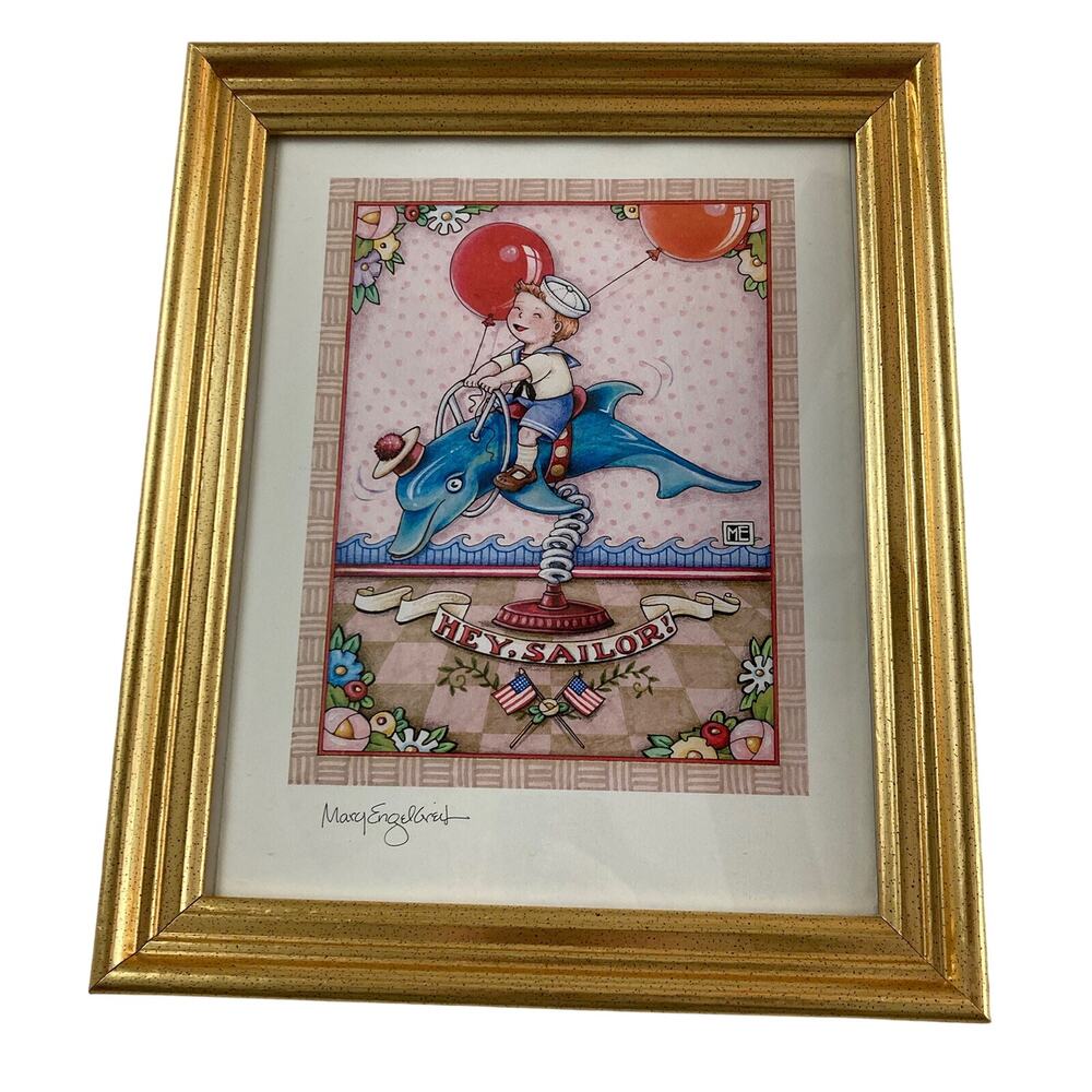 Mary Engelbreit Hey Sailor Artist Signed Gold Framed Art Print 11.5" x 9.5"